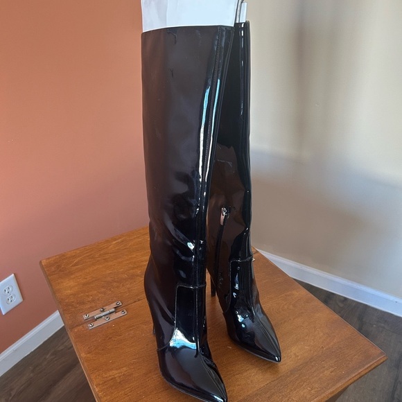 NINE WEST women’s pull on black patent leather high heeled boots - Picture 1 of 8
